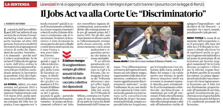 Jobs Act all’esame dell’Europa (Trib. Milano, ordinanza 5.8.2019, G.d.L. Pazienza)